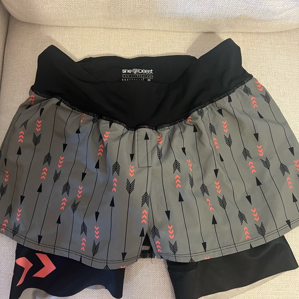 Shebeest Gray and Pink Athletic Shorts with Compression Layer arrow print